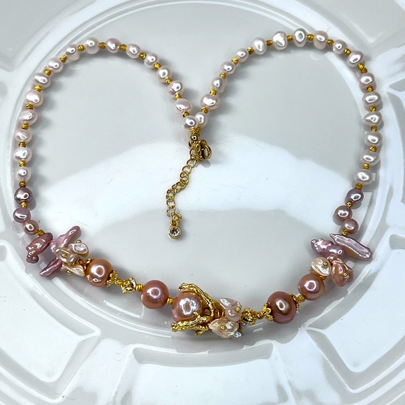Handmade Freshwater Peach Pink Metallic Edison Pearl Necklace - Picture 3 of 8